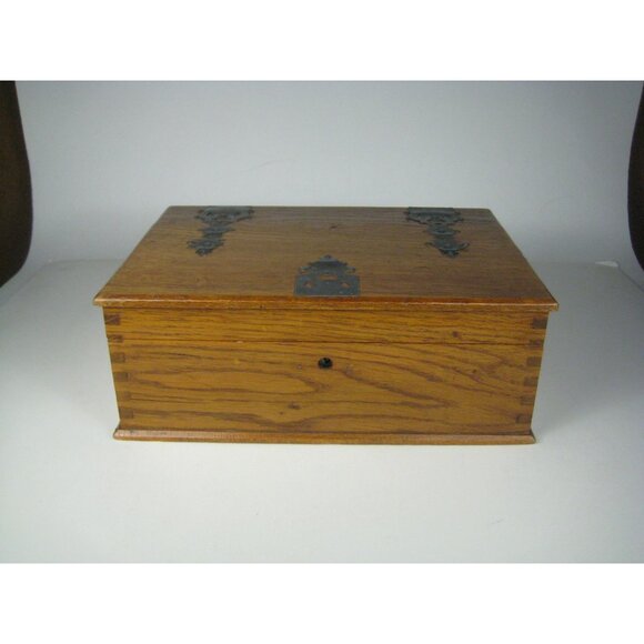 Antique Wooden Box Ornate Metal Hinges Latch Hand Made Crafted Lidded - Picture 4 of 16